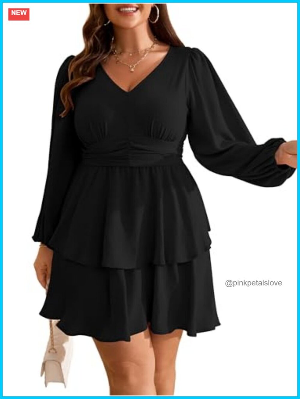 Plus Size V Neck Long Sleeve Mini Dress A-Line Ruffle Hem